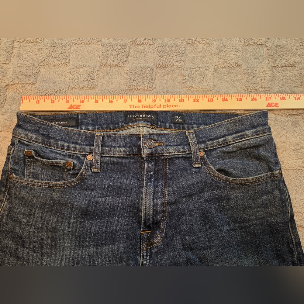Lucky Brand Jeans Mens 34x30 Blue Denim 221 Straight Leg Medium Wash Stretch Fit - Picture 3 of 15